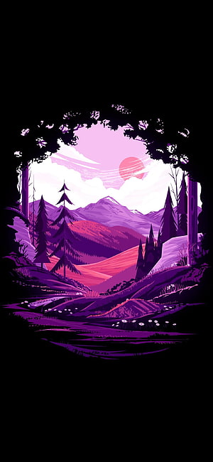 Purple Mountain Valley Landscape Framed by Dark Forest Canopy HD phone wallpaper