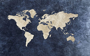 Vintage World Map on Textured Dark Blue Background with Gold Continents HD wallpaper