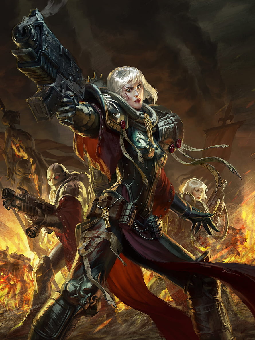 Female Space Marine in Power Armor Wielding Bolter in Warhammer 40k Battle Scene HD phone wallpaper
