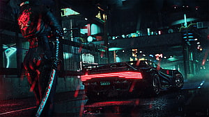 Cyberpunk Samurai Warrior With Katana Standing Next To Futuristic Sports Car In Neon City HD wallpaper