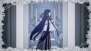 Anime Girl With Long Blue Hair Standing In A Grand Hallway With Statues HD wallpaper