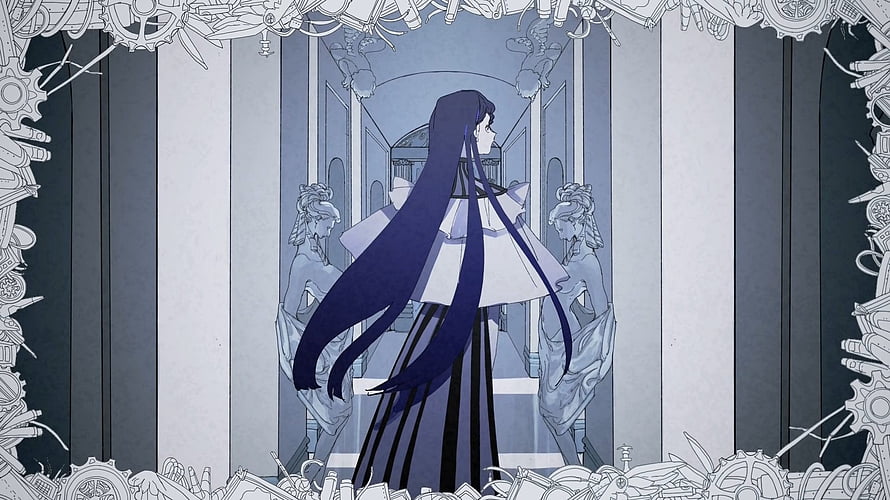 Anime Girl With Long Blue Hair Standing In A Grand Hallway With Statues HD wallpaper