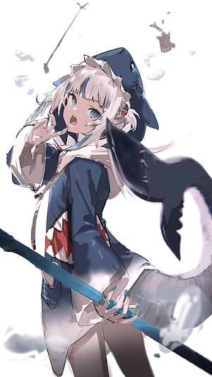 Gawr Gura Hololive Shark Girl Anime Illustration with Blue Sword and Water Effects HD phone wallpaper