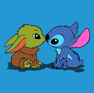 Baby Yoda and Stitch Sharing a Tender Nose Touch in Cute Cartoon Style HD wallpaper