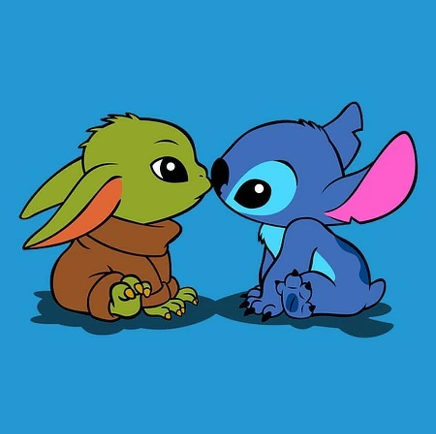 Baby Yoda and Stitch Sharing a Tender Nose Touch in Cute Cartoon Style HD wallpaper