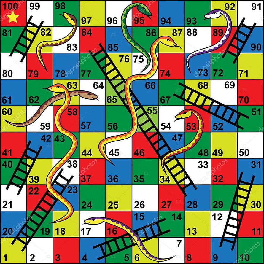 Colorful Snakes and Ladders Board Game Illustration with Numbered Grid HD phone wallpaper