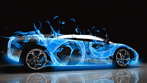 Silver sports car with blue flames and smoke effect on black background HD wallpaper