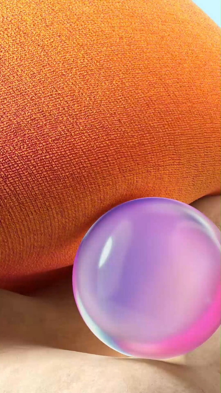 Abstract 3D Render of a Glossy Purple Sphere on Textured Orange Fabric HD phone wallpaper