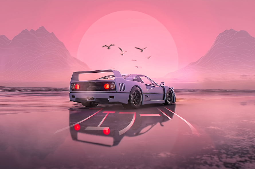 Retro Sports Car on Reflective Surface in Pink Synthwave Landscape with Low Poly Mountains HD wallpaper