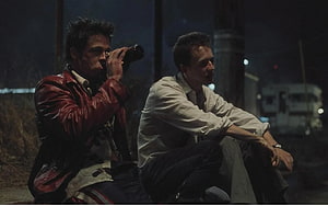 Fight Club Movie Scene Featuring Brad Pitt and Edward Norton in a Nighttime Setting HD wallpaper