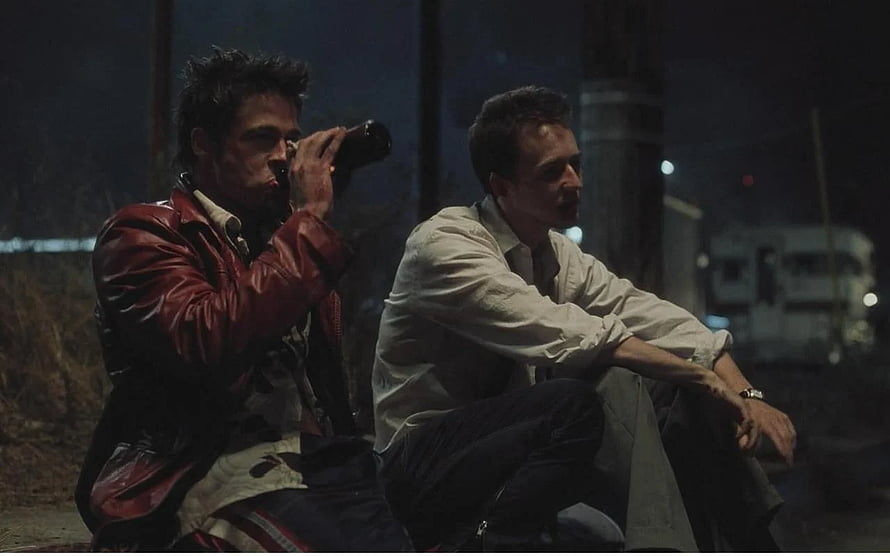 Fight Club Movie Scene Featuring Brad Pitt and Edward Norton in a Nighttime Setting HD wallpaper