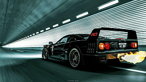 Black Ferrari F40 Super Car Speeding Through Tunnel With Flame Exhaust HD wallpaper