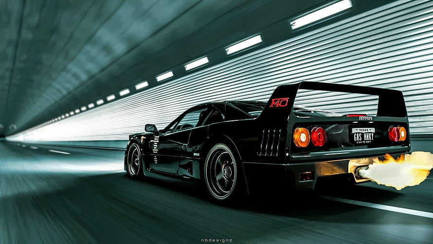 Black Ferrari F40 Super Car Speeding Through Tunnel With Flame Exhaust HD wallpaper