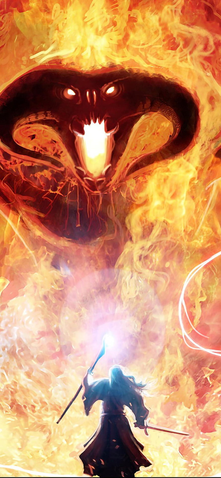 Lord of the Rings Fantasy Battle: Warrior Confronting a Massive Fire Demon in a Blaze of Flames HD phone wallpaper
