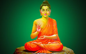 Gautam Buddha Meditating in Lotus Pose with Orange Robes on Green Background HD wallpaper