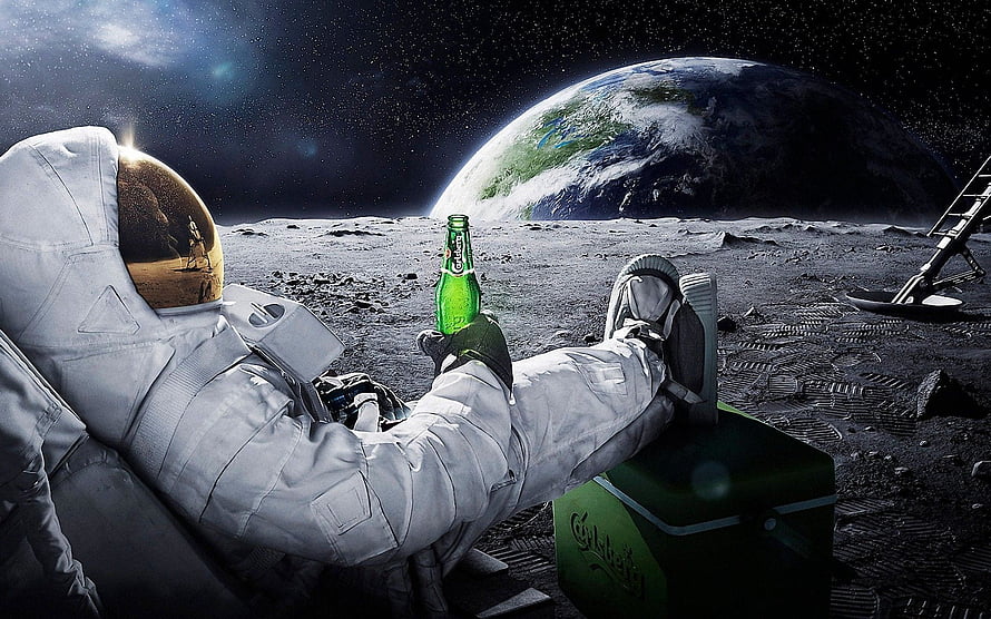Astronaut Relaxing on the Moon with a Beer and Earth in Background HD wallpaper