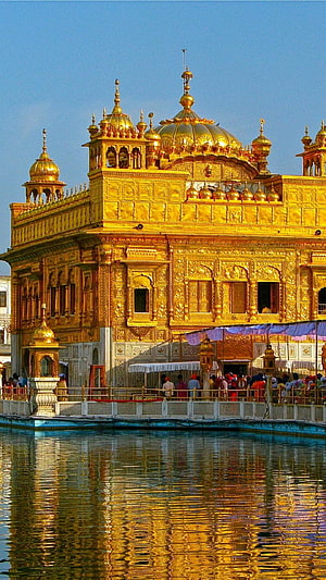 Golden Temple of Amritsar reflecting in the sacred pool under a clear blue sky HD phone wallpaper