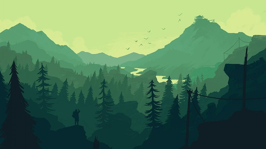 Firewatch Minimalist Mountain Valley Landscape with Lone Figure and Pine Forest HD wallpaper