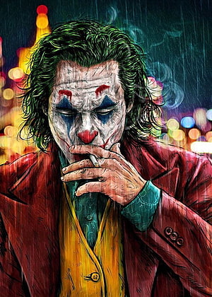 Joker in Red Suit Smoking Cigarette in Rainy City Night HD phone wallpaper
