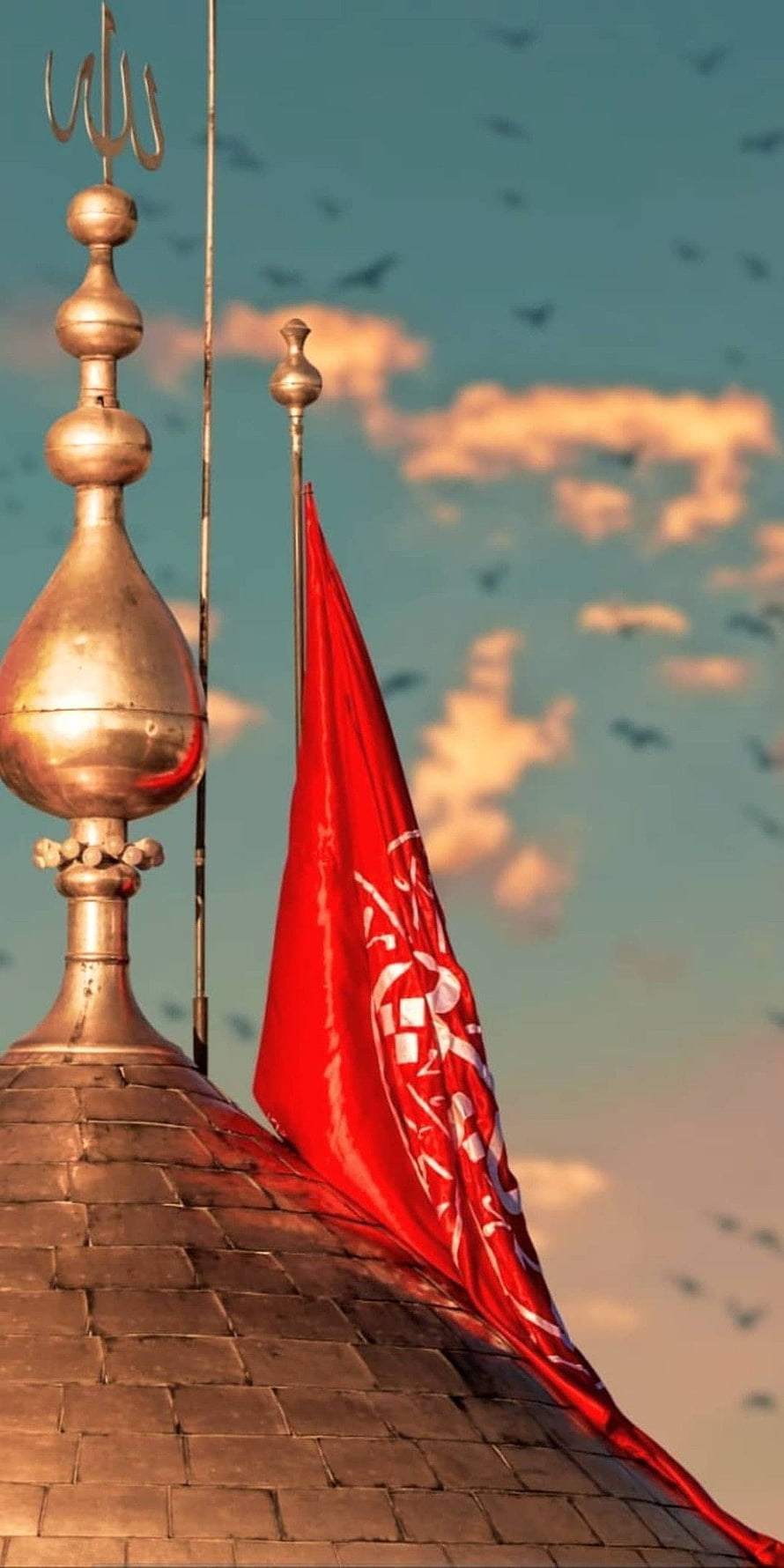 Red Flag with White Calligraphy on Mosque Dome at Sunset HD phone wallpaper