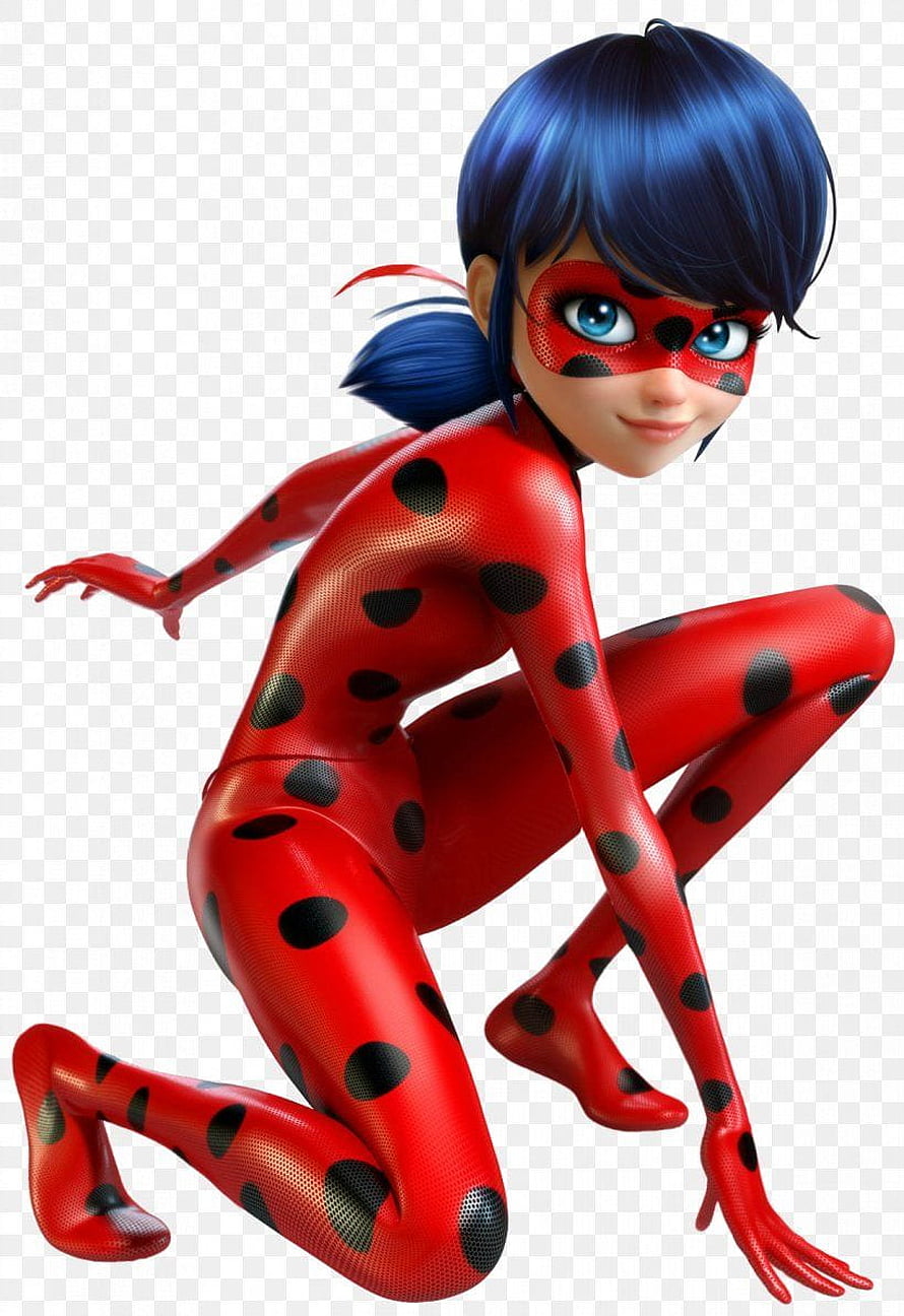 Ladybug Crouching Action Pose in Red Spotted Suit with Blue Hair and Mask HD phone wallpaper