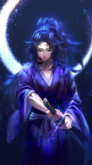 Kokushibo from Demon Slayer in a Dark Blue Kimono Holding a Katana Under a Glowing Moon HD phone wallpaper