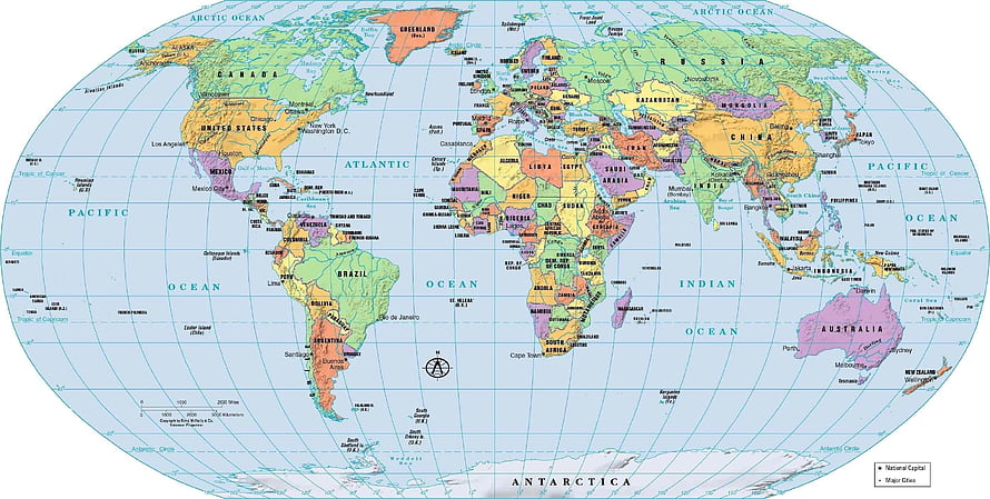 Full Color Political World Map With Country Borders And Major Cities HD wallpaper