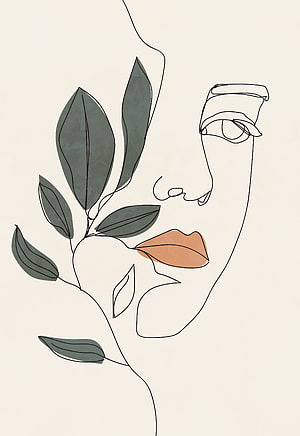 Minimalist Continuous Line Art Portrait of Woman with Green Leaves and Terracotta Lips, Modern woman line drawing printable wall art art, aesthetic drawings flowers HD phone wallpaper