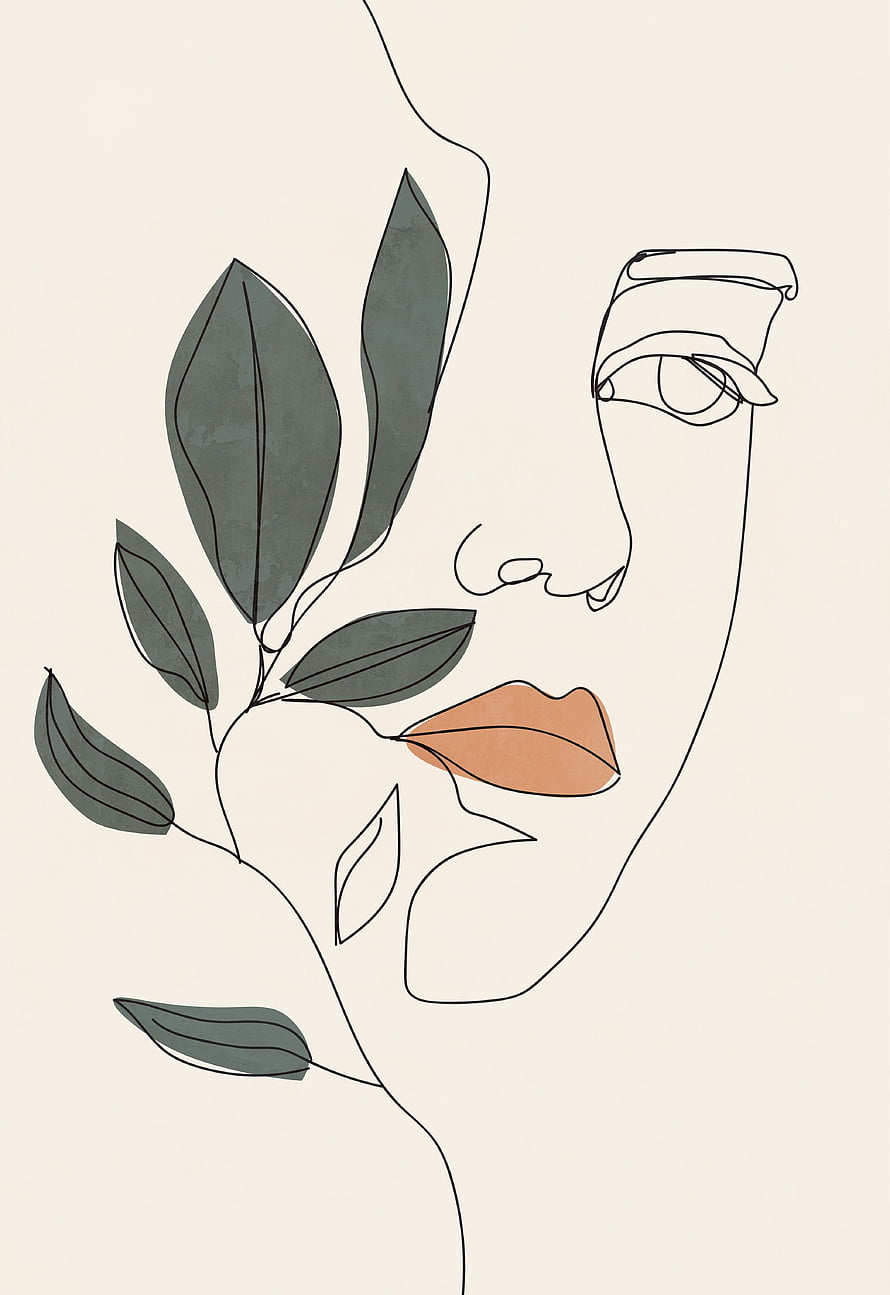 Minimalist Continuous Line Art Portrait of Woman with Green Leaves and Terracotta Lips, Modern woman line drawing printable wall art art, aesthetic drawings flowers HD phone wallpaper