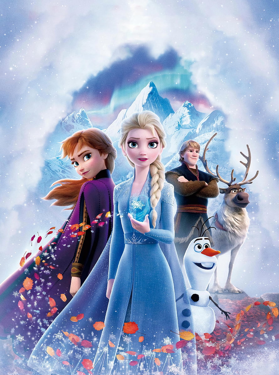 Frozen 2 Elsa Anna Kristoff Olaf and Sven in Magical Winter Landscape HD phone wallpaper