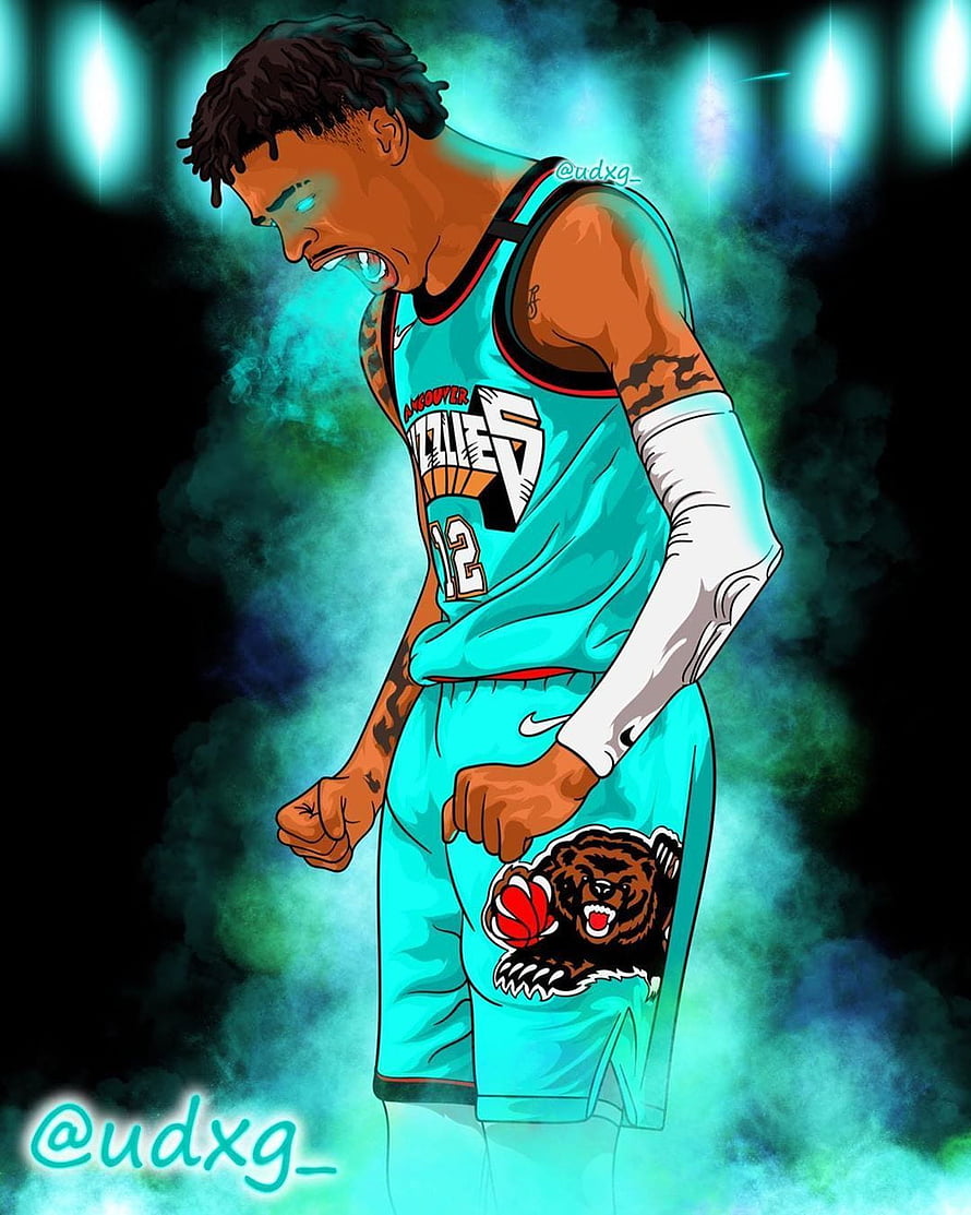 Ja Morant in a teal Vancouver Grizzlies jersey roaring with clenched fists in a stylized digital illustration HD phone wallpaper