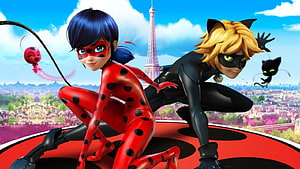 Miraculous Ladybug and Cat Noir Crouching on Rooftop with Eiffel Tower in Paris HD wallpaper