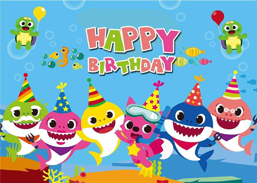 Baby Shark Family Celebrating Birthday Underwater with Party Hats and Balloons HD wallpaper