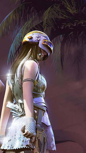 Anime Girl in White Scale Dress and Helmet Holding Gun Under Palm Trees HD phone wallpaper