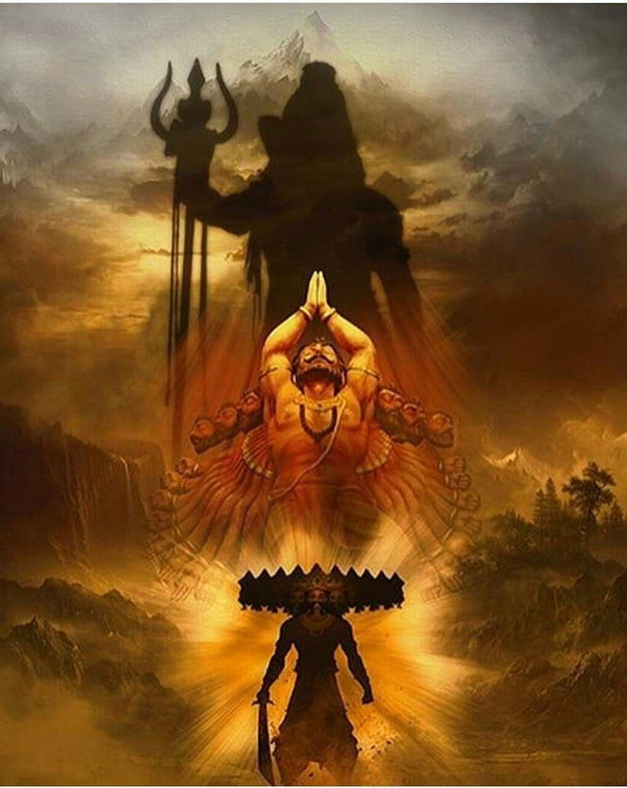Ravana and Shiva in Epic Mythological Confrontation with Trishul and Cosmic Energy HD phone wallpaper