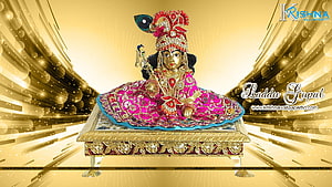 Laddu Gopal Krishna Idol in Pink Attire with Golden Background HD wallpaper