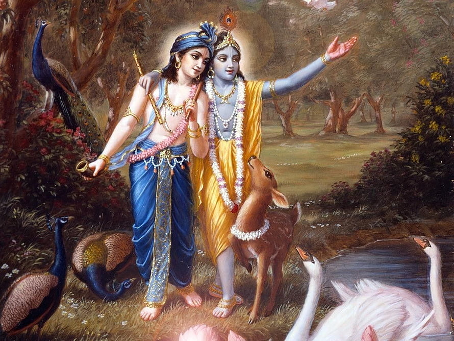 Krishna and Balaram in a Forest with Peacocks and Deer HD wallpaper