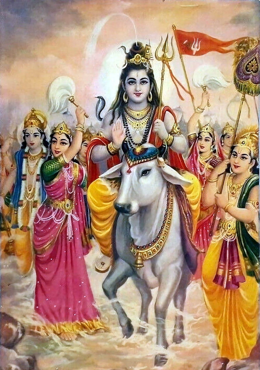 Shiva and Parvati as Ardhanarishvara Riding a White Bull in Divine Procession HD phone wallpaper