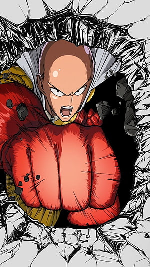 Saitama One Punch Man Breaking Through Rock in Red Suit, Saitama One Punch Man, one punch man HD phone wallpaper
