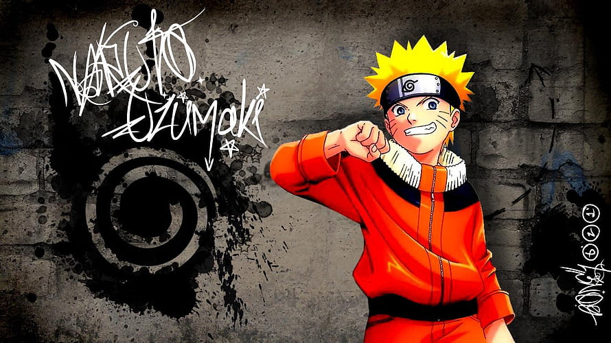 Naruto Uzumaki in Orange Jumpsuit with Fist Raised Against Grunge Concrete Wall HD wallpaper