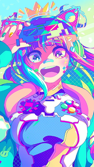 Vibrant Retro Wave Anime Girl with Glitch Art and Neon Colors HD phone wallpaper