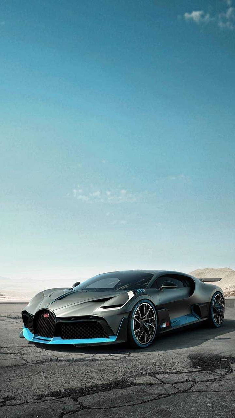 Bugatti Divo Hypercar in Matte Grey with Cyan Accents on Desert Asphalt HD phone wallpaper