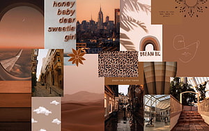 Warm Brown Aesthetic Mood Board Collage With City Skyline, Desert Dunes, And Inspirational Quotes HD wallpaper