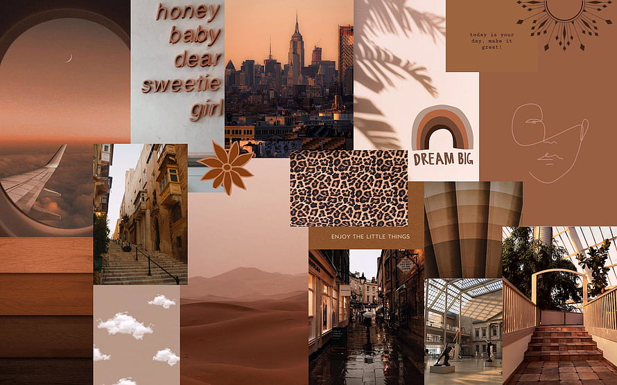 Warm Brown Aesthetic Mood Board Collage With City Skyline, Desert Dunes, And Inspirational Quotes HD wallpaper
