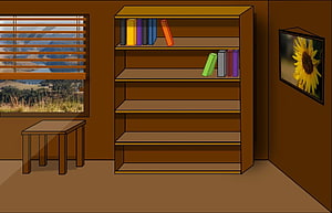Cozy Study Room Illustration Featuring Wooden Bookshelf, Small Table, and Sunflower Art HD wallpaper