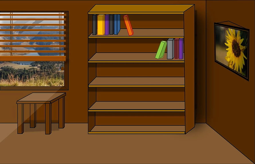 Cozy Study Room Illustration Featuring Wooden Bookshelf, Small Table, and Sunflower Art HD wallpaper