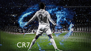 Cristiano Ronaldo CR7 in White Kit with Blue Energy Effects on Football Pitch HD wallpaper