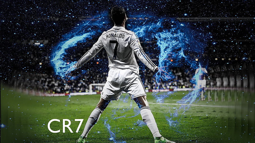 Cristiano Ronaldo CR7 in White Kit with Blue Energy Effects on Football Pitch HD wallpaper