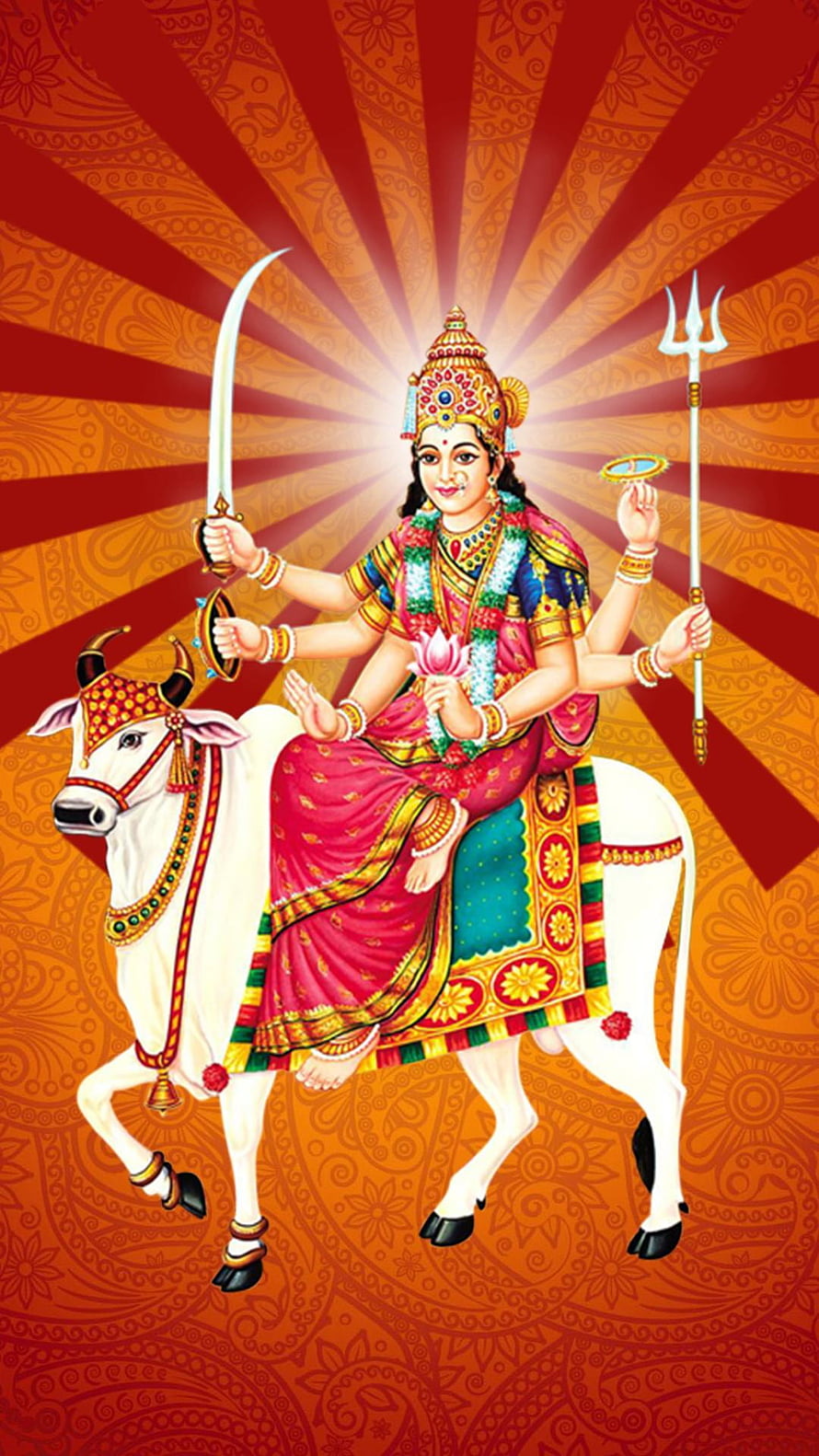 Goddess Durga Riding White Bull Nandi with Sword and Trishul on Red Background HD phone wallpaper