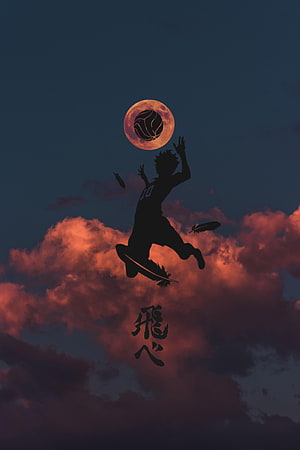 Haikyuu Hinata Shoyo silhouette jumping to spike volleyball against sunset clouds HD phone wallpaper